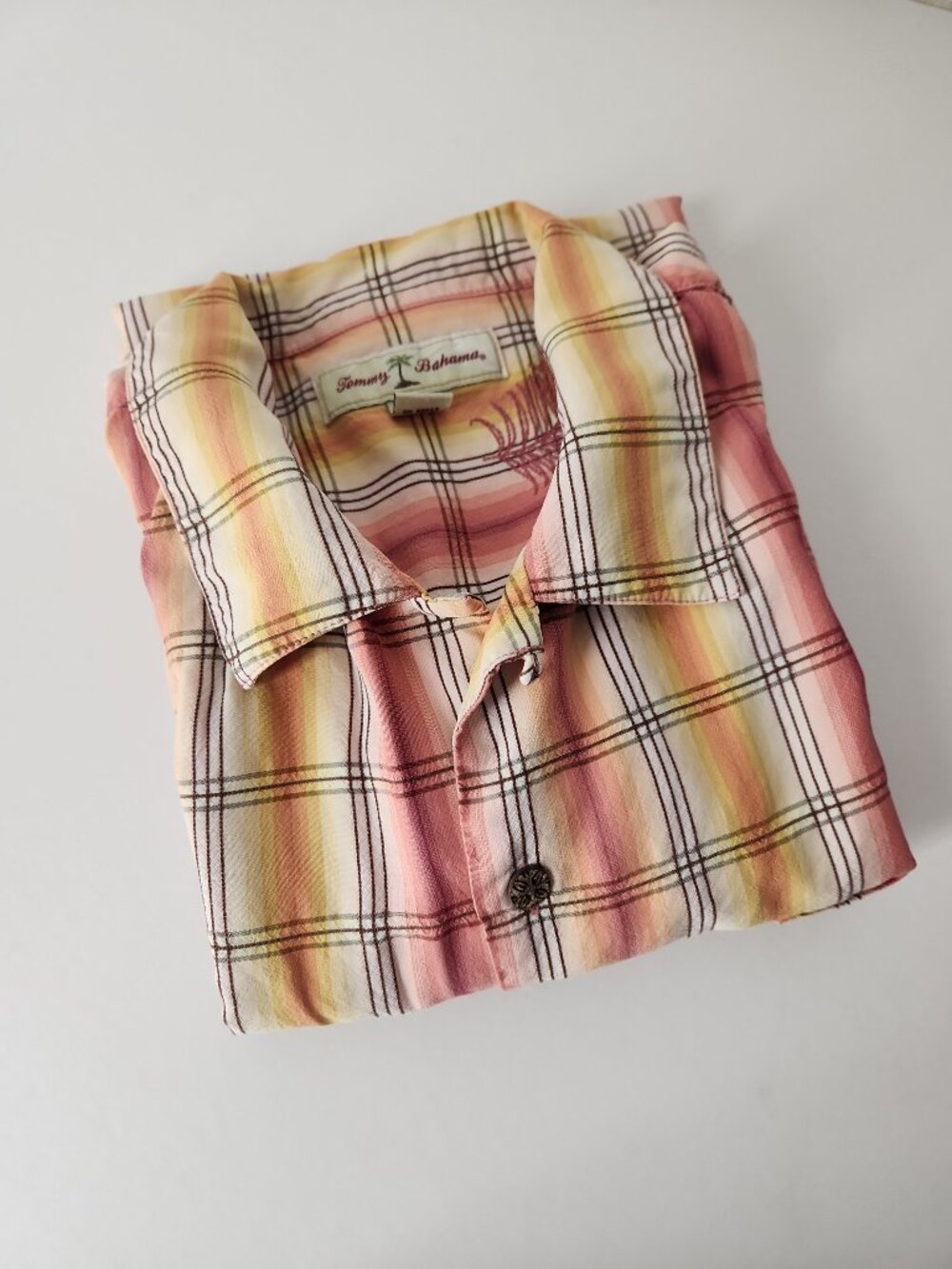 Tommy Bahama silk short-sleeve resort camp shirt multi-tonal rainbow plaid L